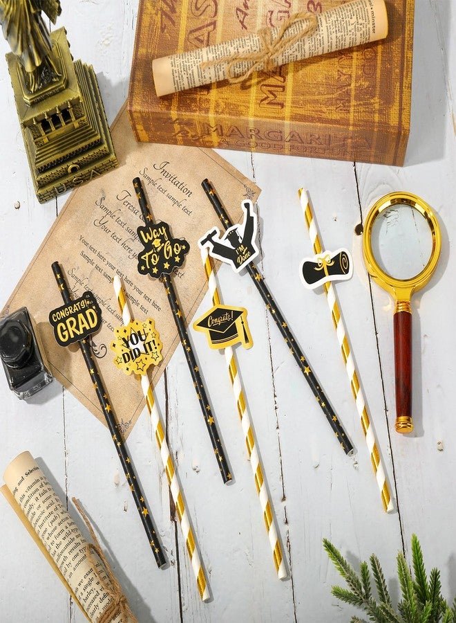 Whaline 60Pcs Graduation Paper Straws Black Gold Graduation Cap Diploma Drinking Straws Gold Foil Star Stripe Disposable Straw for Grad Decor Beverage Cocktail School Party Supplies - Image 3